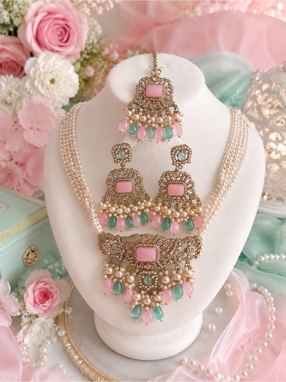 Elegant Pink & Mint Pearl Filigree Necklace Set - Women Jewelry